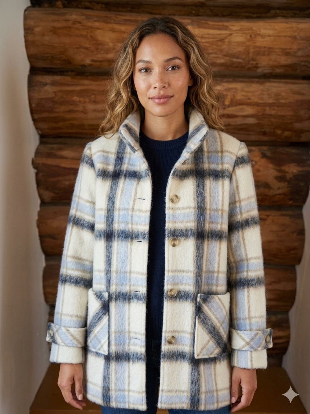 💙NWOT Charlie B Long S(Check Measurements) Plaid Wool-Blend Coat in Cream & Blue